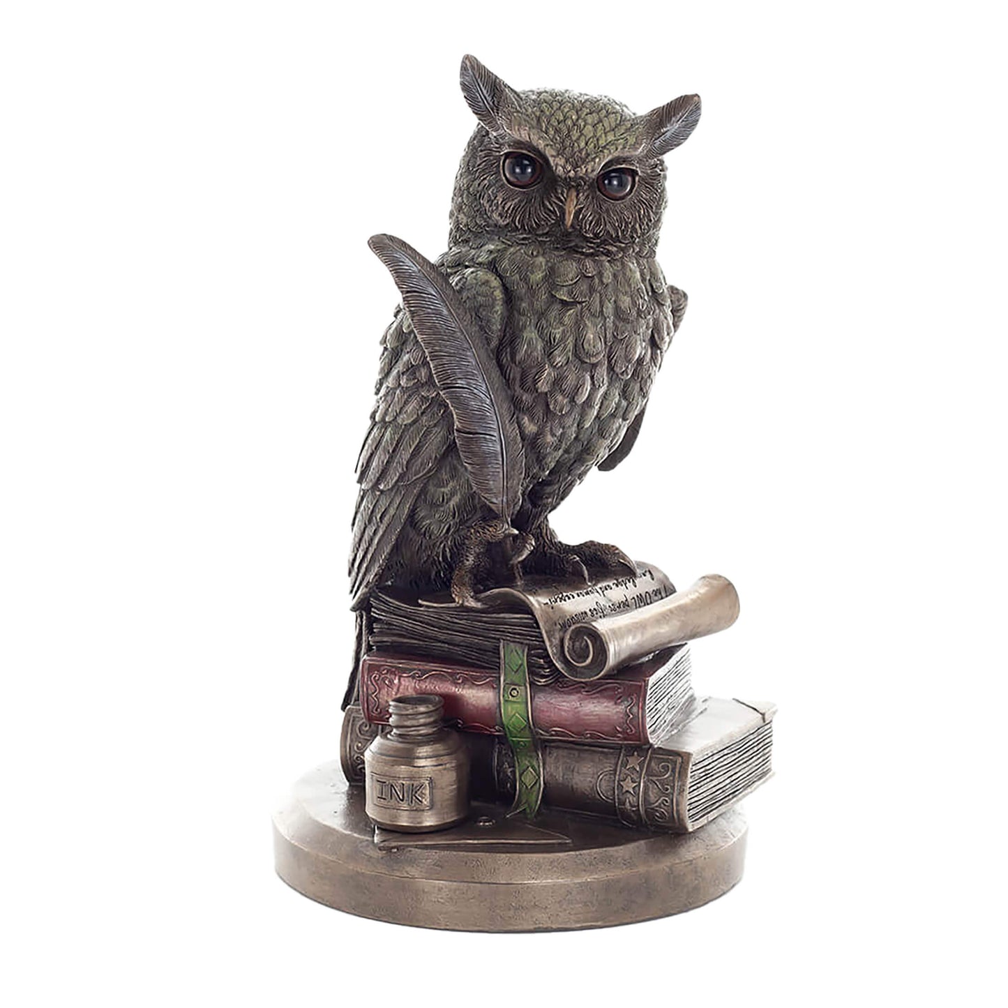 Wise Owl with Quill & Books Statue – 23cm Veronese Cold-Cast Bronze Scholarly Bird Figurine