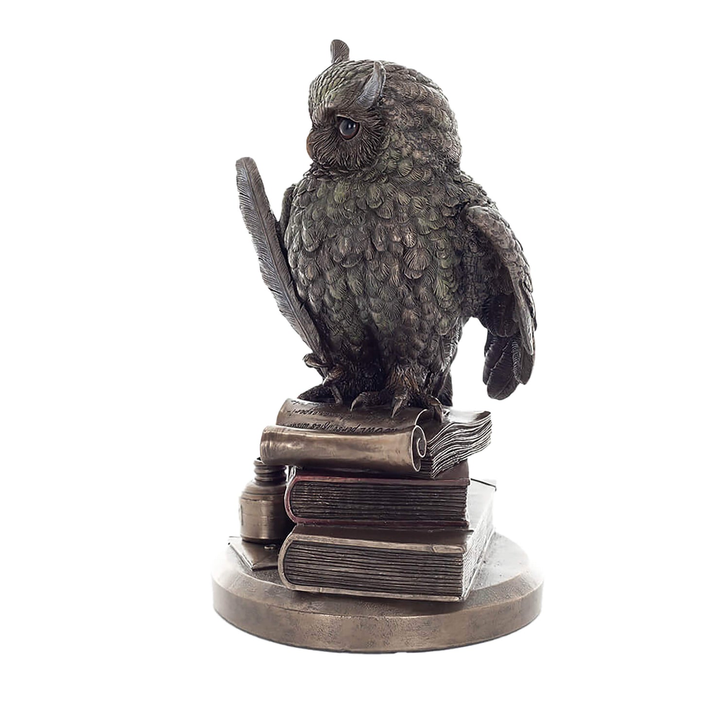Wise Owl with Quill & Books Statue – 23cm Veronese Cold-Cast Bronze Scholarly Bird Figurine