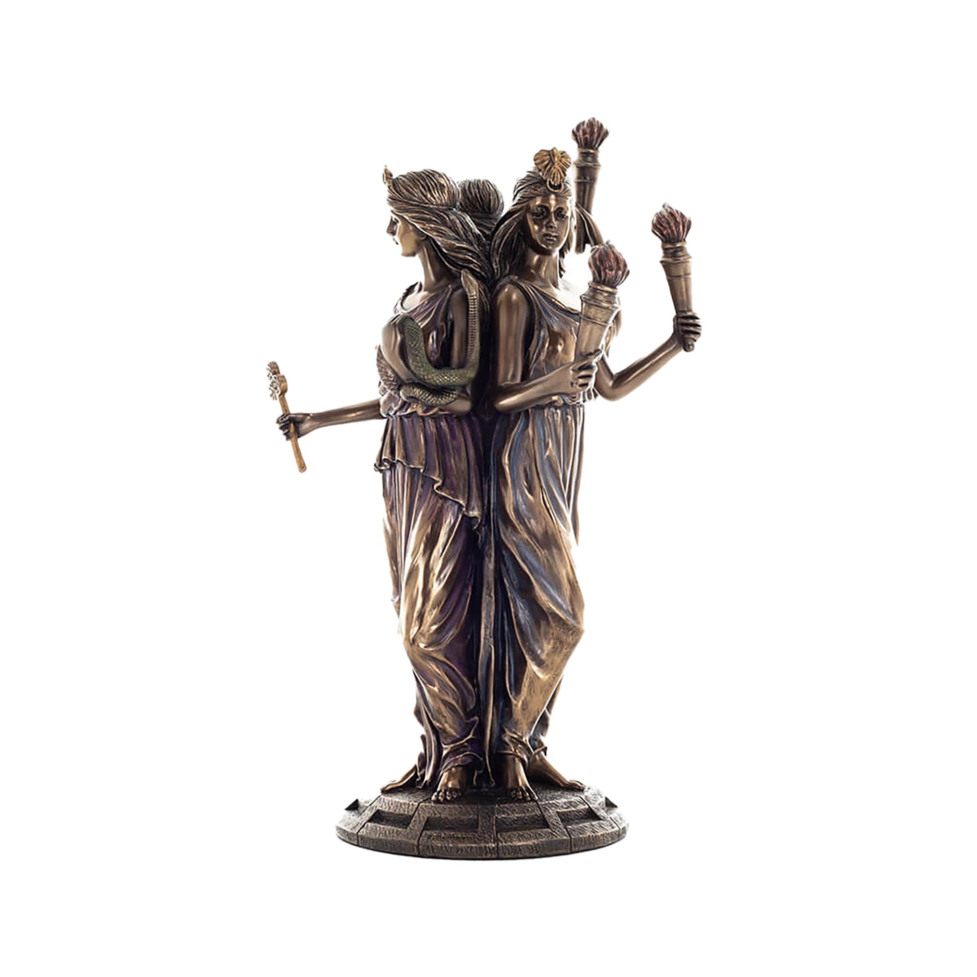 Hecate Triple Goddess Bronze Statue side angle with torches and keys