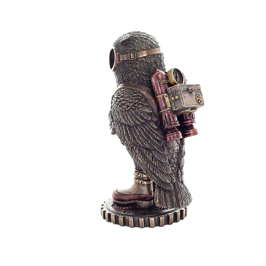 Steampunk Owl Bronze Statue side angle with gears and goggles