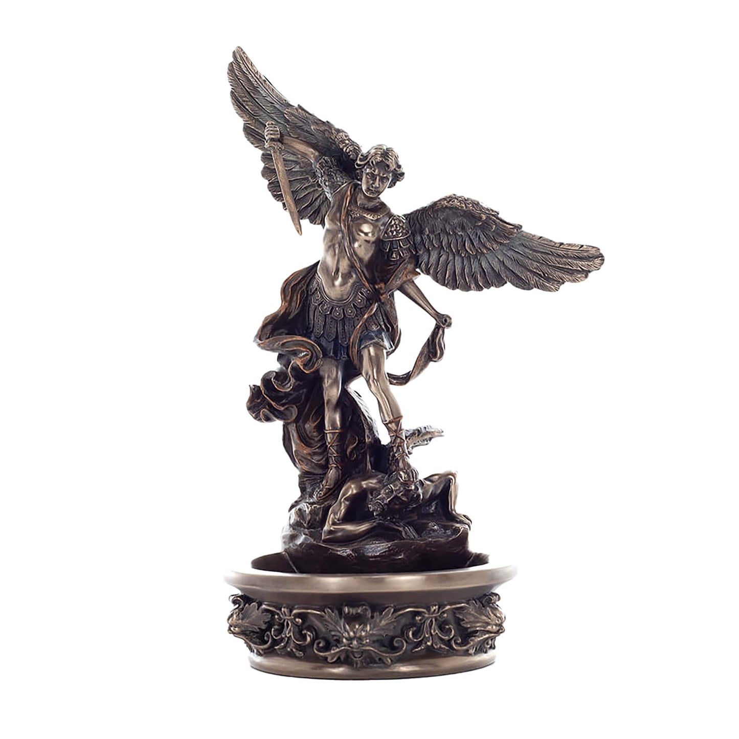 Saint Michael Bronze Holy Water Font front view, 21 cm
