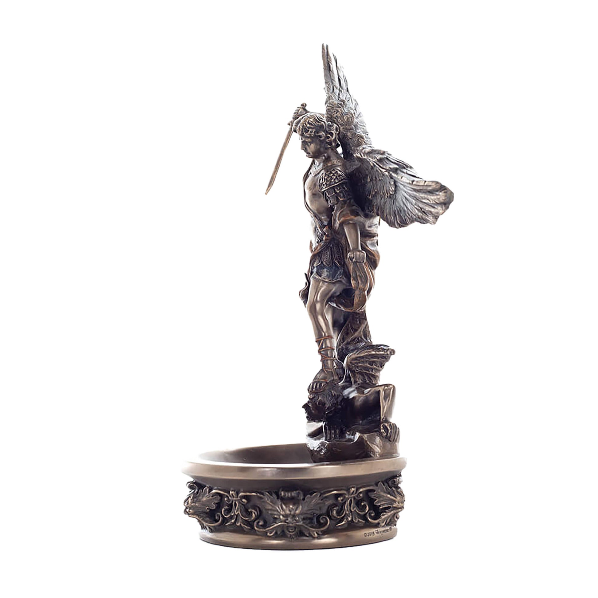 Saint Michael Bronze Holy Water Font side angle with wings and basin