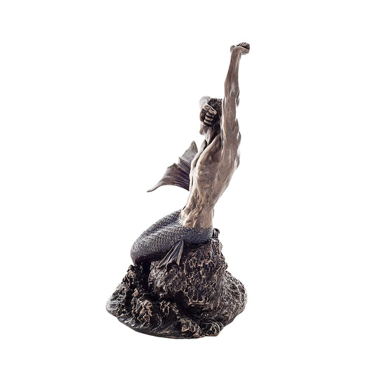Merman Cold-Cast Bronze Statue side angle with trident and tail