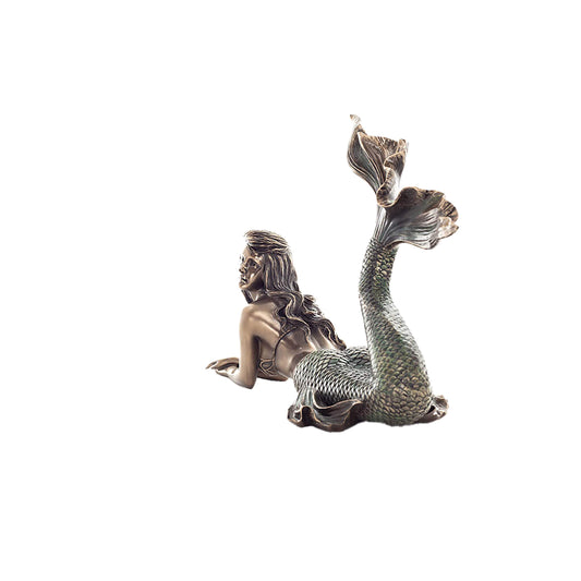 Mermaid Cold-Cast Bronze Statue side angle with flowing hair and tail