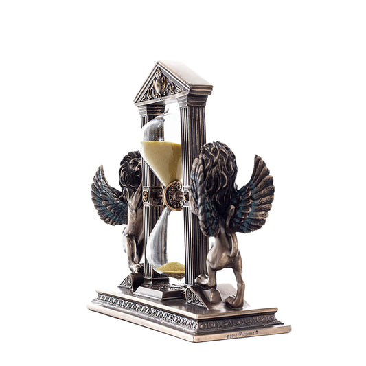 Winged Lion Bronze Hourglass side angle showing wings and sand timer