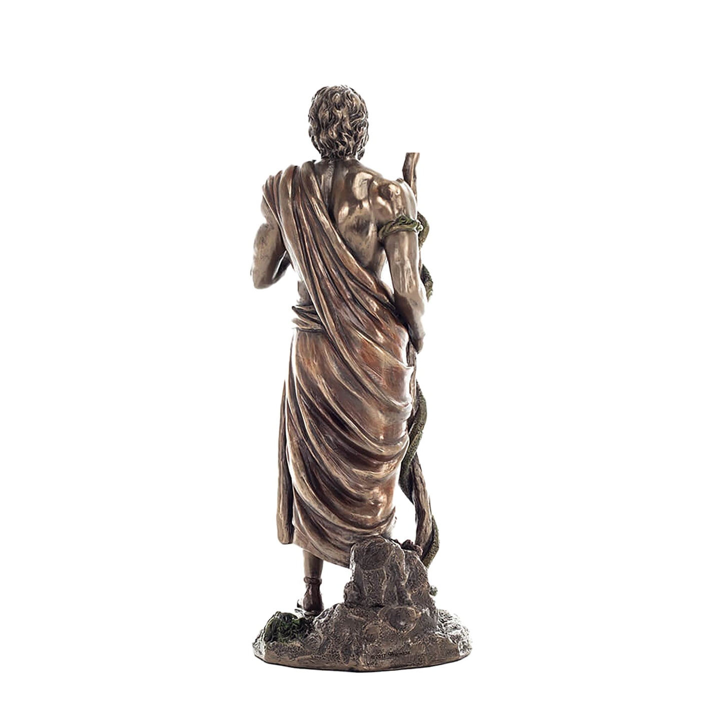 Asclepius Bronze Statue rear angle with garment folds and base