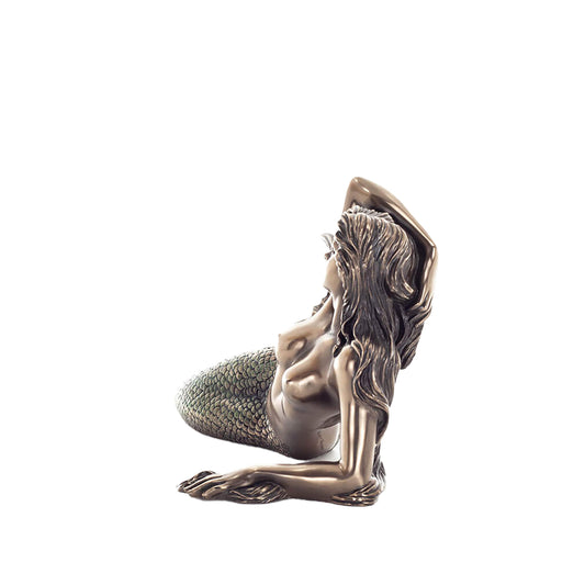 Mermaid Cold-Cast Bronze Statue side angle with flowing hair and tail