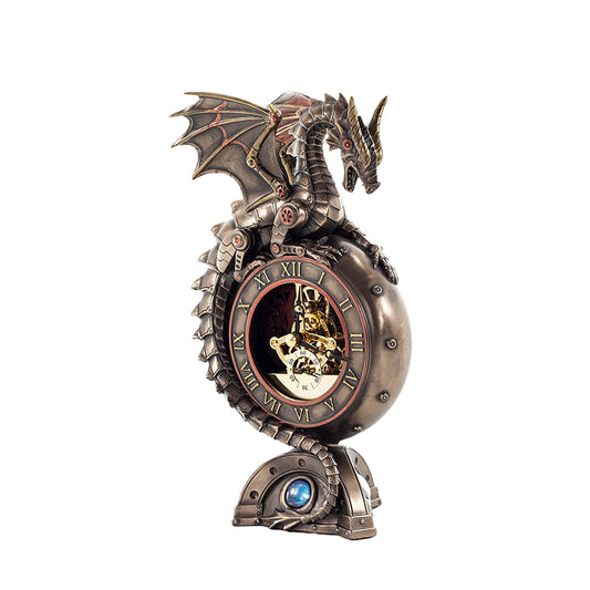 Steampunk Dragon Clock side angle showing gears and dragon coils