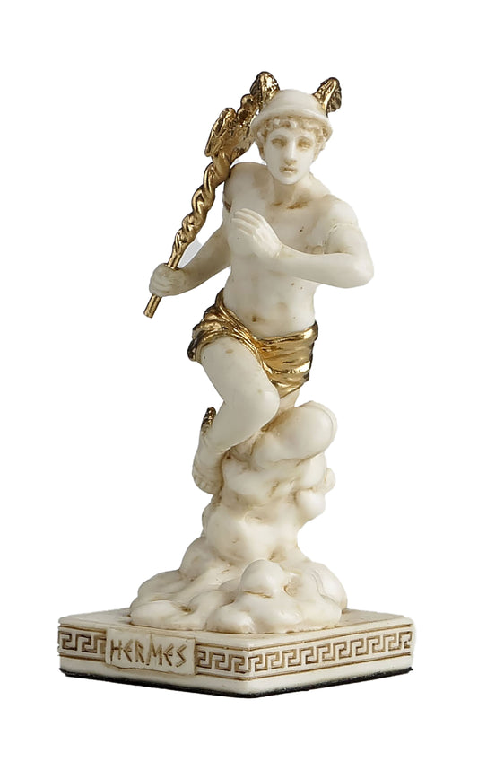 Hermes Resin Statue front view, 8.9 cm with gold accents