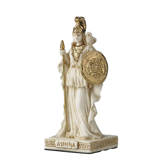 Athena Resin Statue side angle showing helm crest and shield