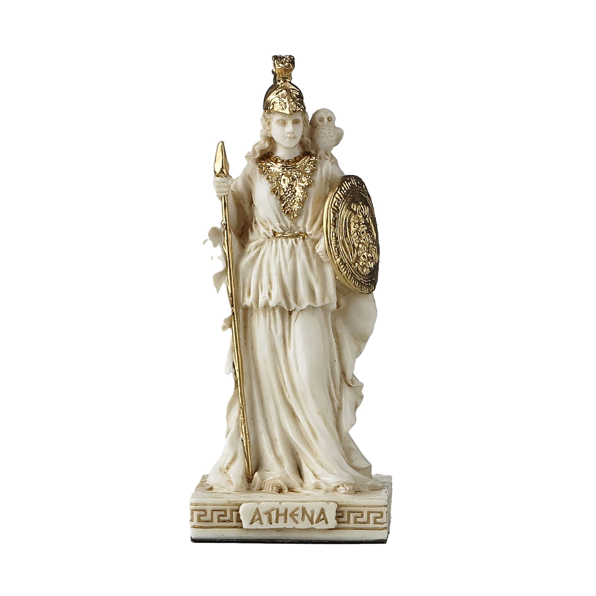 Athena Resin Statue with spear, shield & owl, 8.8 cm front view