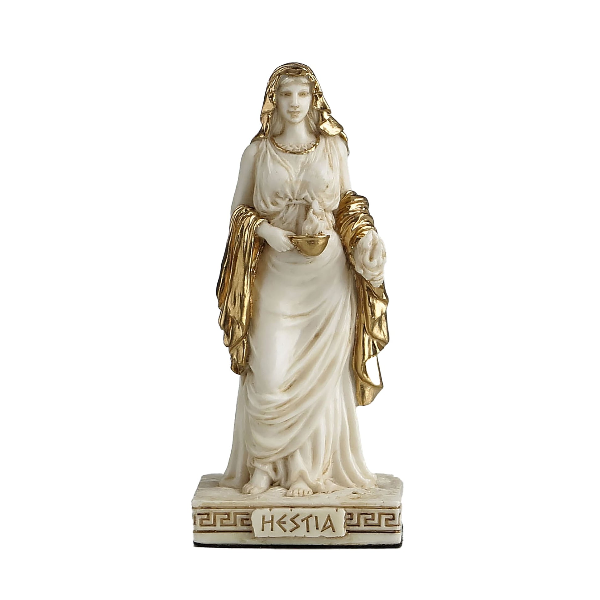 Hestia Resin Statue front view, 8.5 cm with gold accents