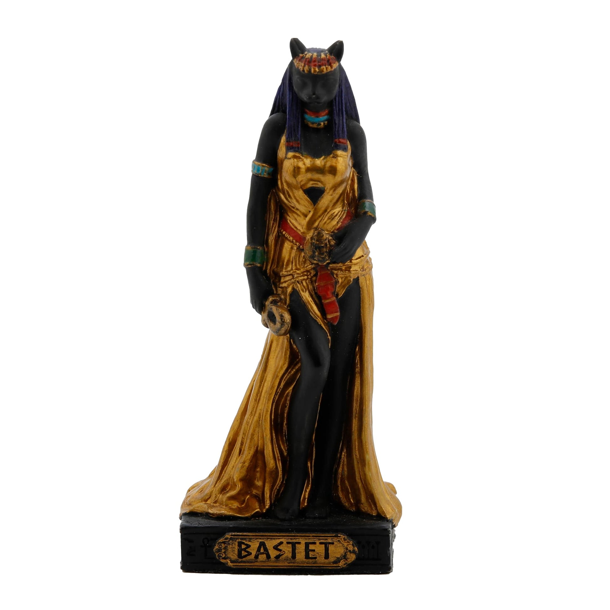 Bastet Egyptian Goddess Resin Statue with gold accents, 8.5 cm front view
