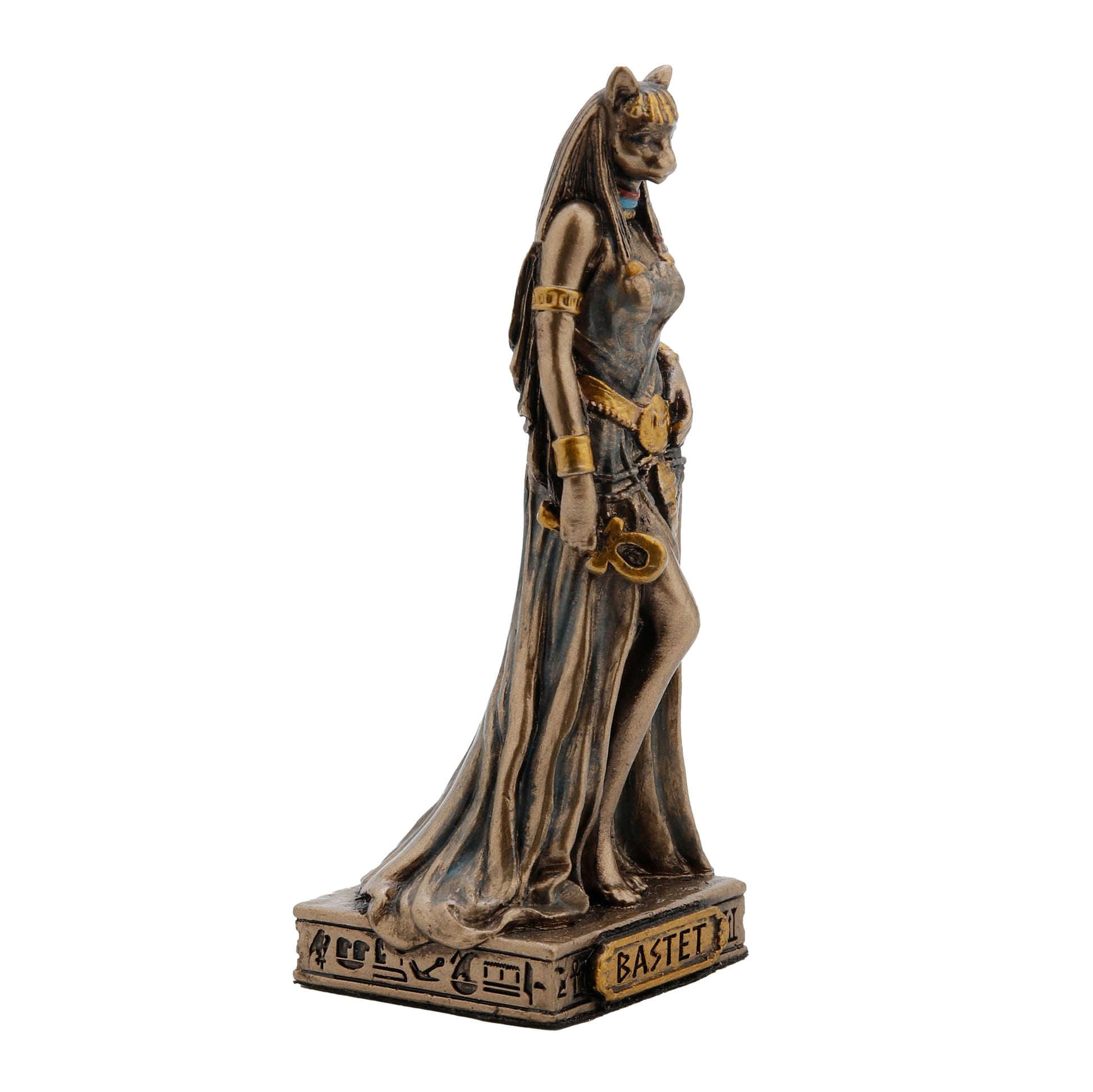 Bastet Egyptian Goddess Statue side angle with feline features and headdress