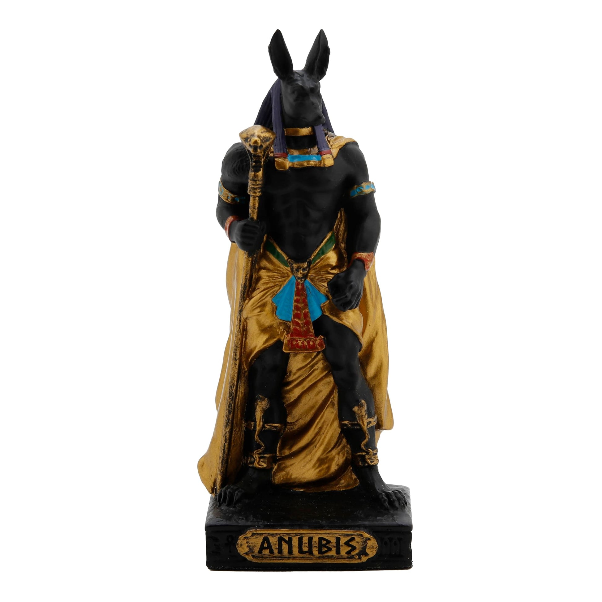 Anubis Egyptian God Resin Statue with gold accents, 8.5 cm front view
