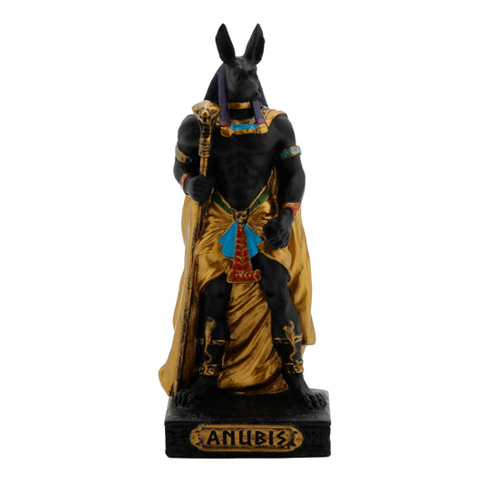 Anubis Egyptian God Resin Statue with gold accents, 8.5 cm front view