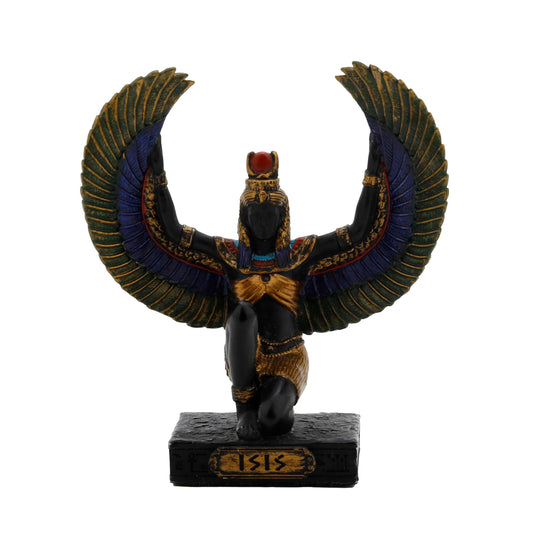 Isis Egyptian Goddess Resin Statue with gold accents, 8.5 cm front view