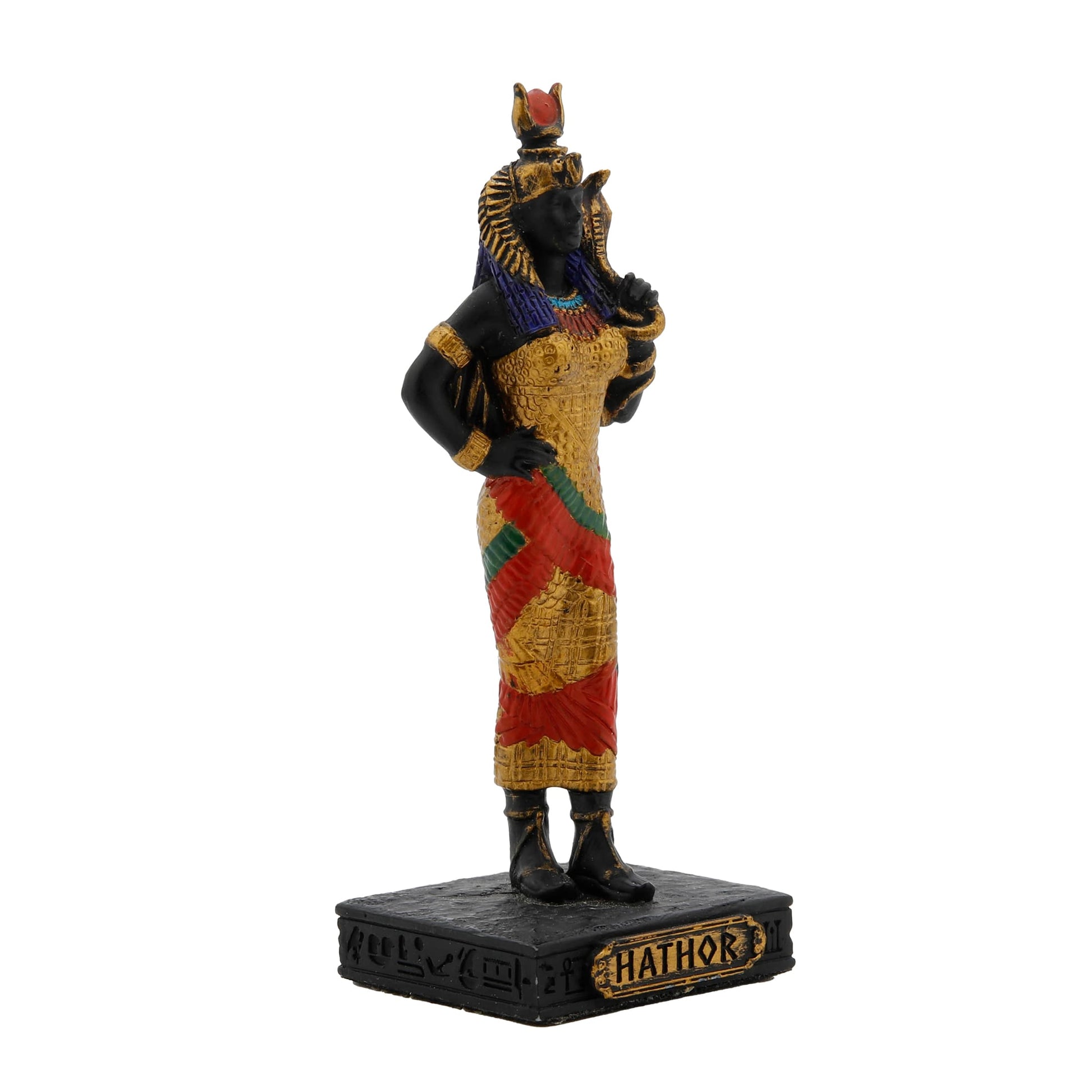 Hathor Egyptian Goddess Resin Statue side angle with cow-horn crown and sun disk
