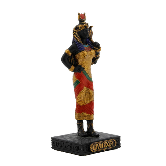 Hathor Egyptian Goddess Resin Statue side angle with cow-horn crown and sun disk