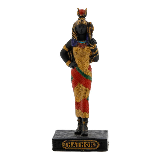 Hathor Egyptian Goddess Resin Statue with gold accents, 8.5 cm front view