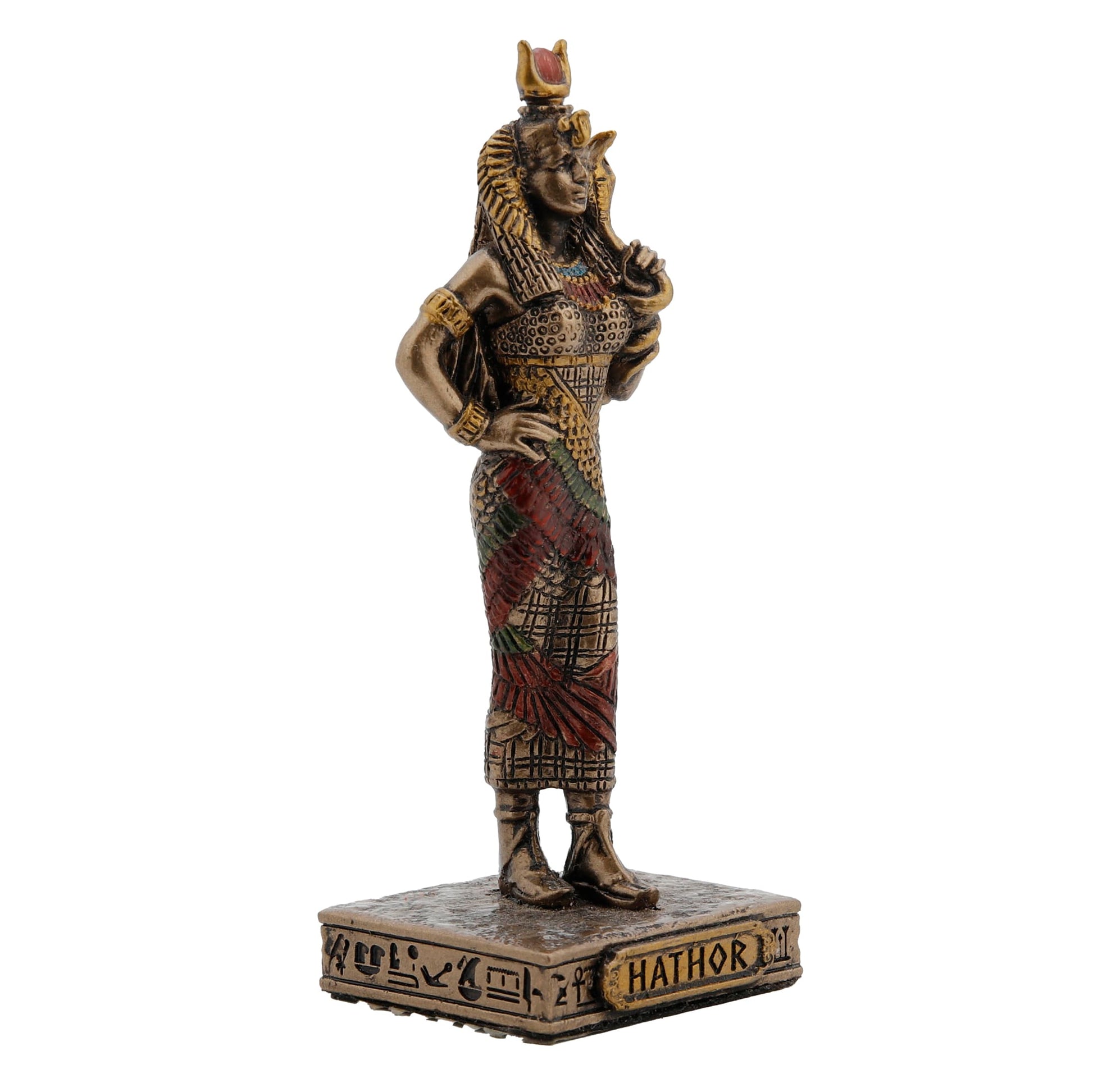 Hathor Egyptian Goddess Statue side angle with cow-horn crown and sun disk