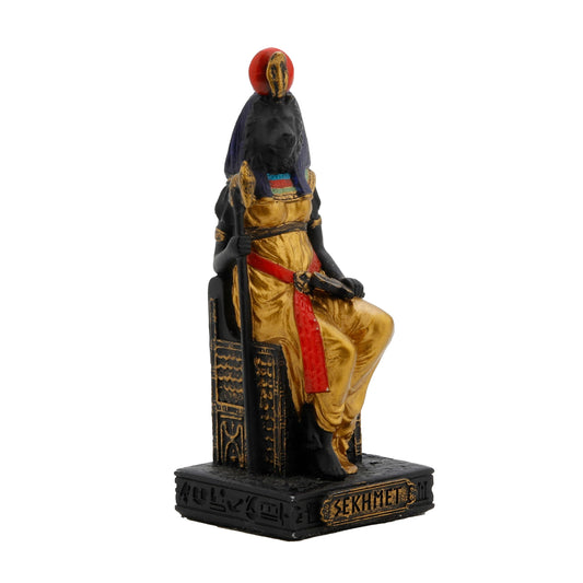 Sekhmet Egyptian Goddess Black Resin Statue side angle with sun-disk crown