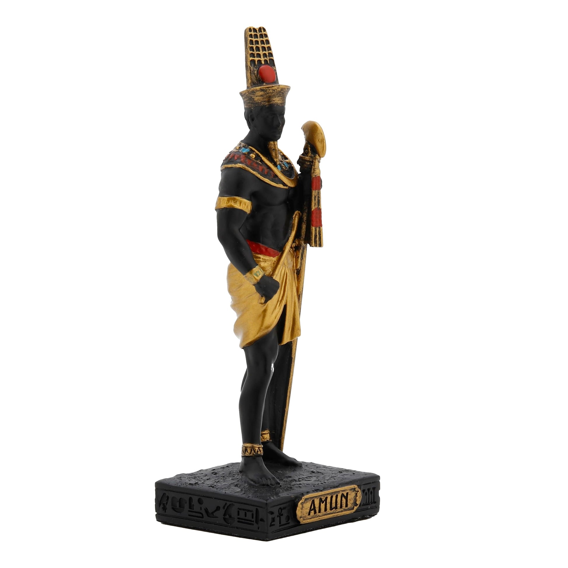 Amun Egyptian God Black Resin Statue side angle with double-plumed headdress and ankh