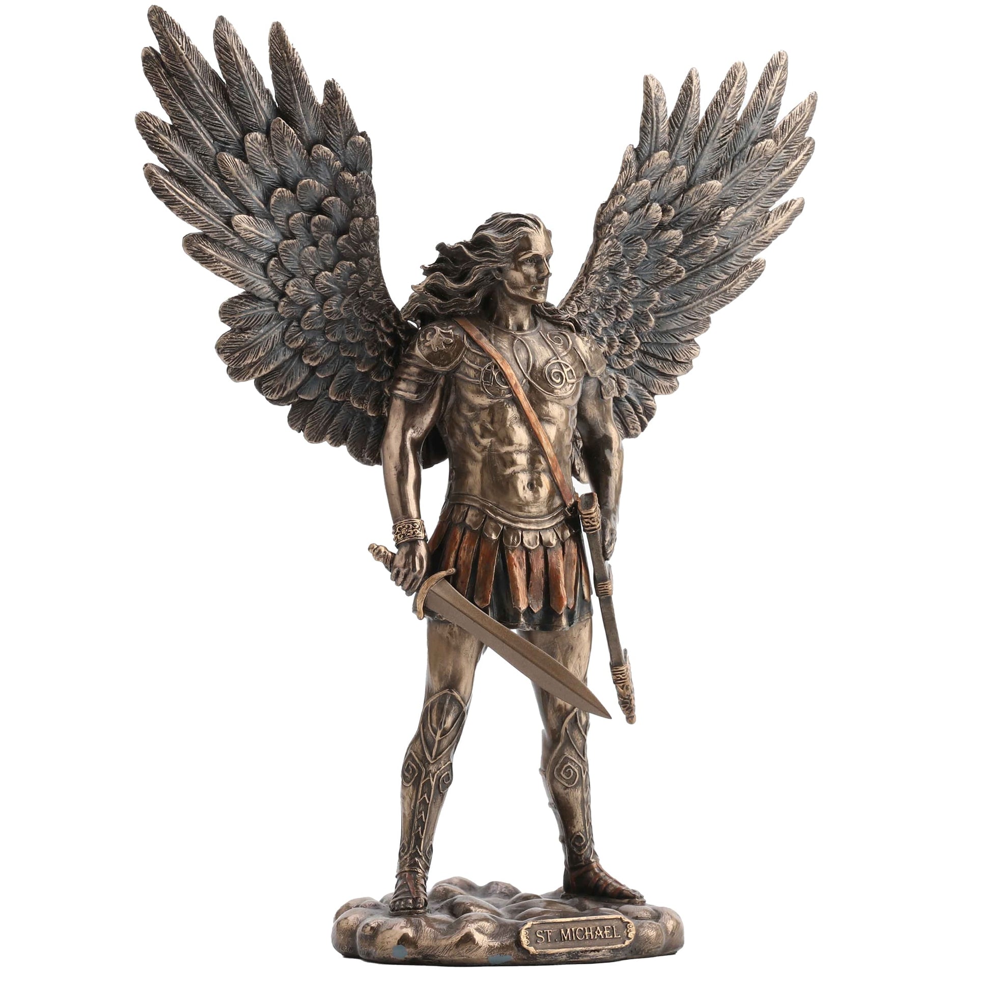 Archangel Saint Michael Statue side angle with raised sword and shield