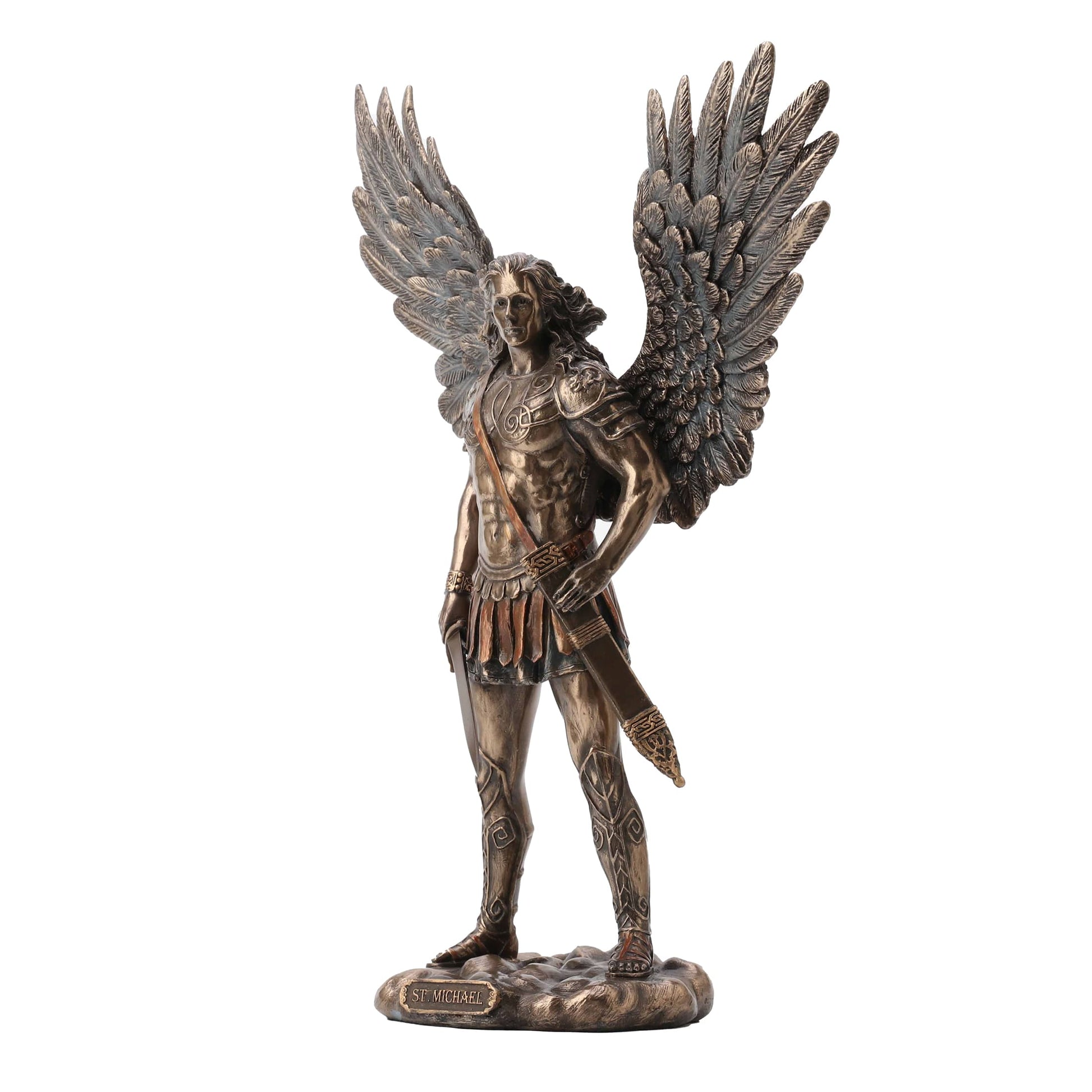 Archangel Saint Michael Statue rear angle showing detailed wings and cape
