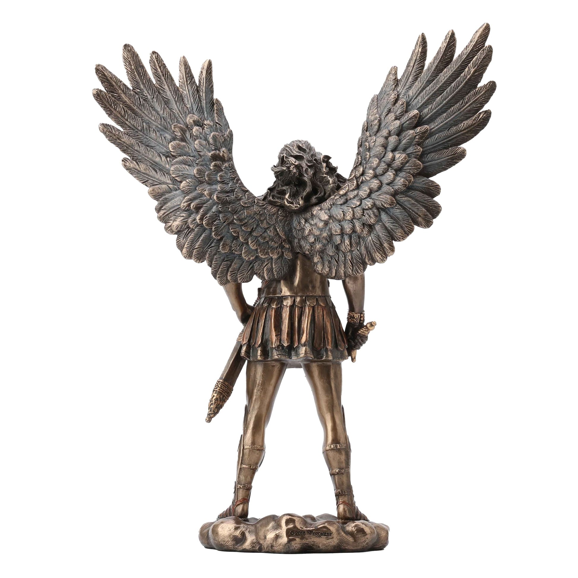 Archangel Saint Michael Statue close-up of armor, face, and rocky base