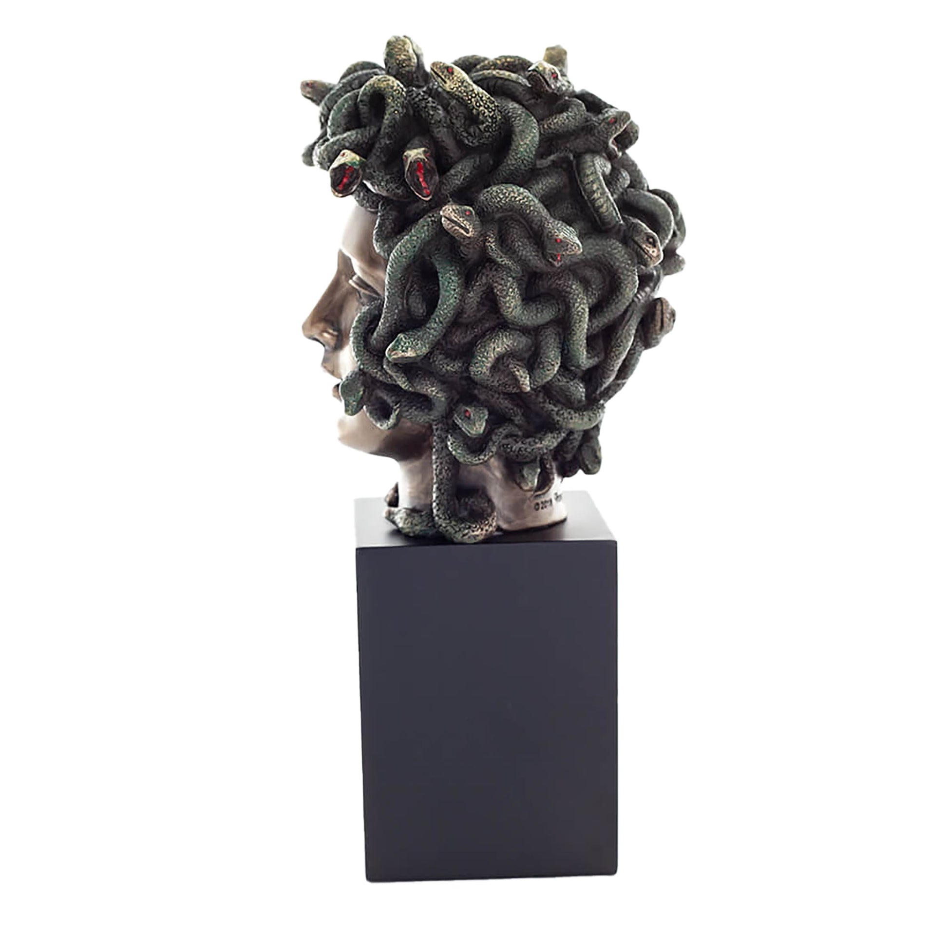 Medusa Bust Statue side angle showing serpentine hair and stone-look base