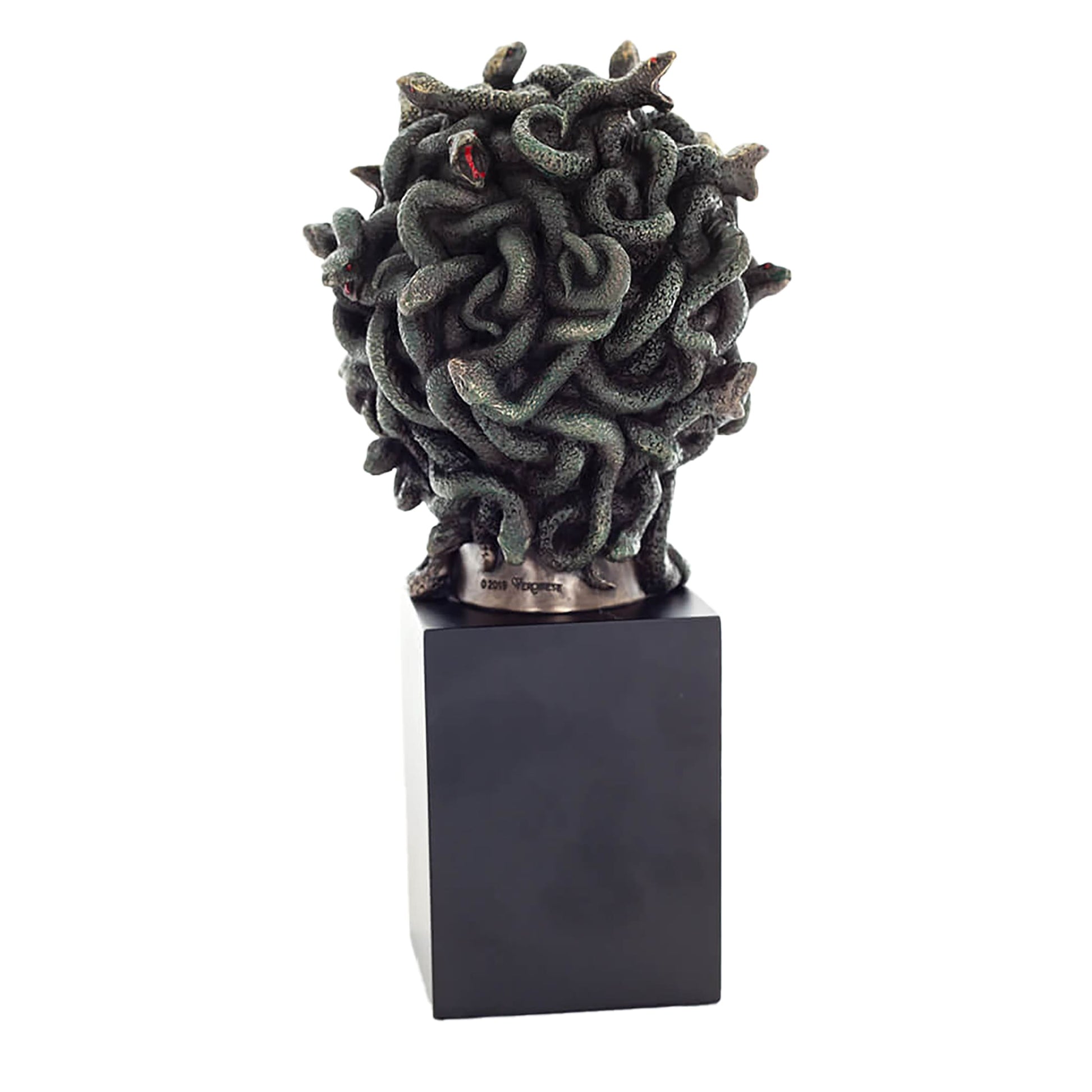 Medusa Bust Statue rear angle with coiling snakes and textured plinth