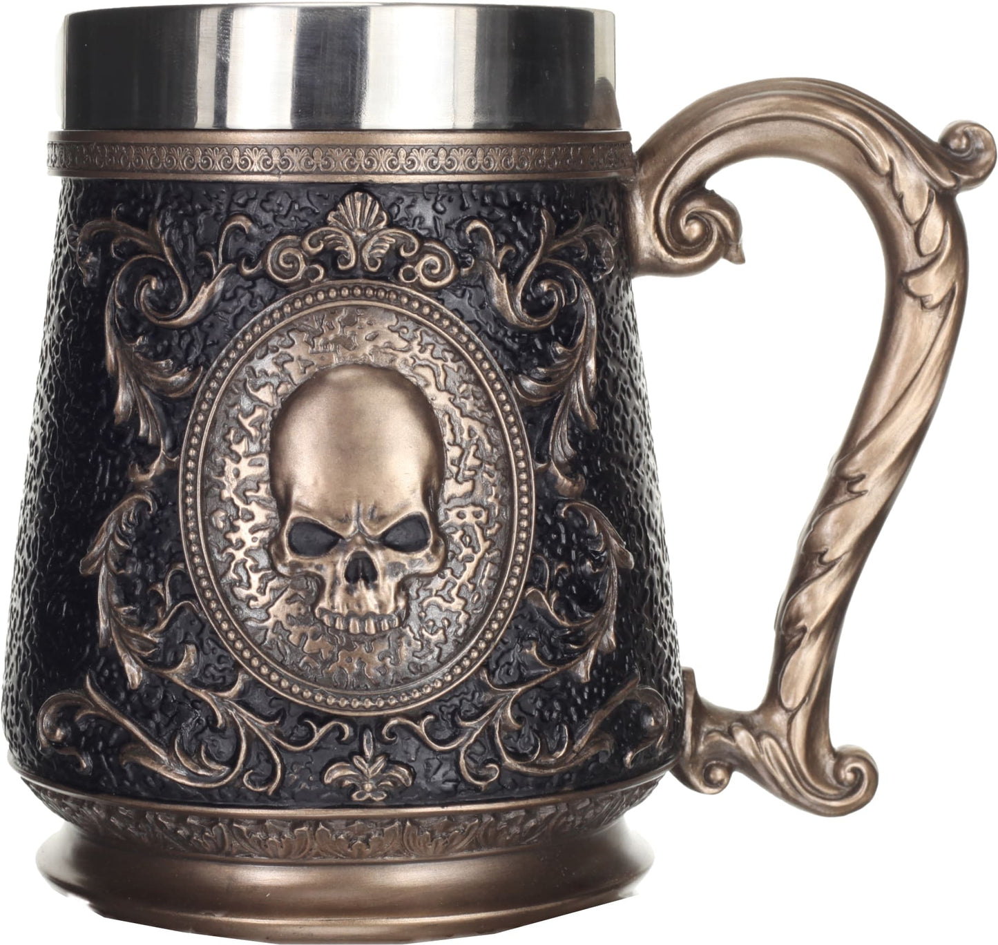 Gothic Skull Tankard front view, cold-cast bronze mug, 17.7×14.5 cm