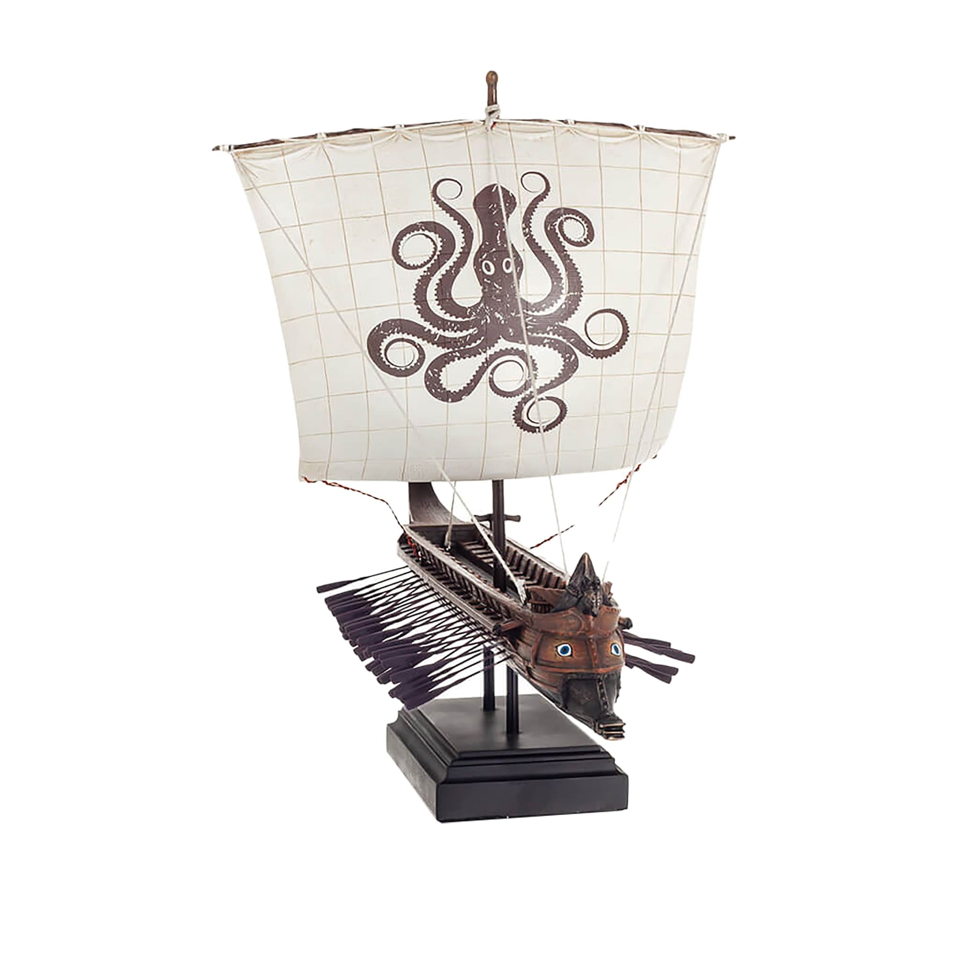 Ancient Greek Trireme Warship Model side view showing oars, rigging, and prow