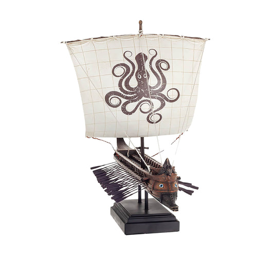 Ancient Greek Trireme Warship Model side view showing oars, rigging, and prow