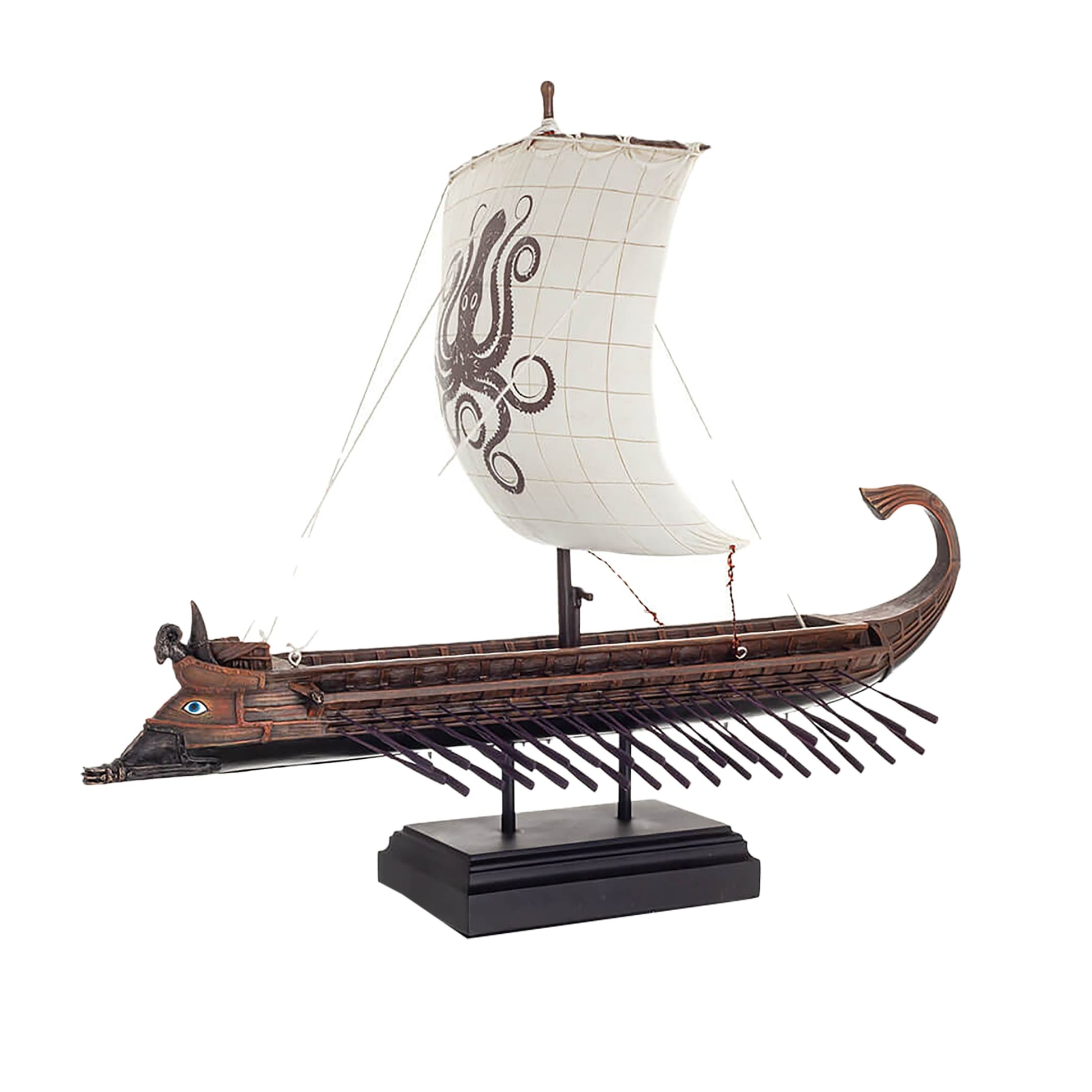 Ancient Greek Trireme Warship Model close-up of rowers and rigging, antique bronze resin