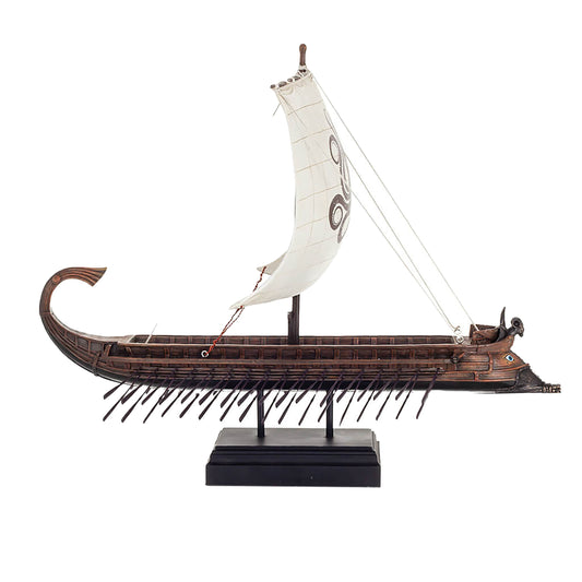 Ancient Greek Trireme Warship Model front angle with sail and rowers, bronze finish, 35x22x26 cm
