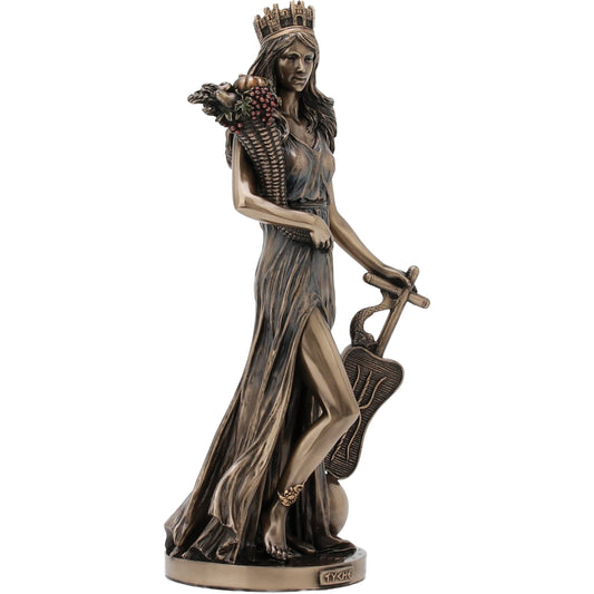 Side view of Veronese Fortuna statue, 28.5cm cold-cast bronze with cornucopia, Roman décor figurine.