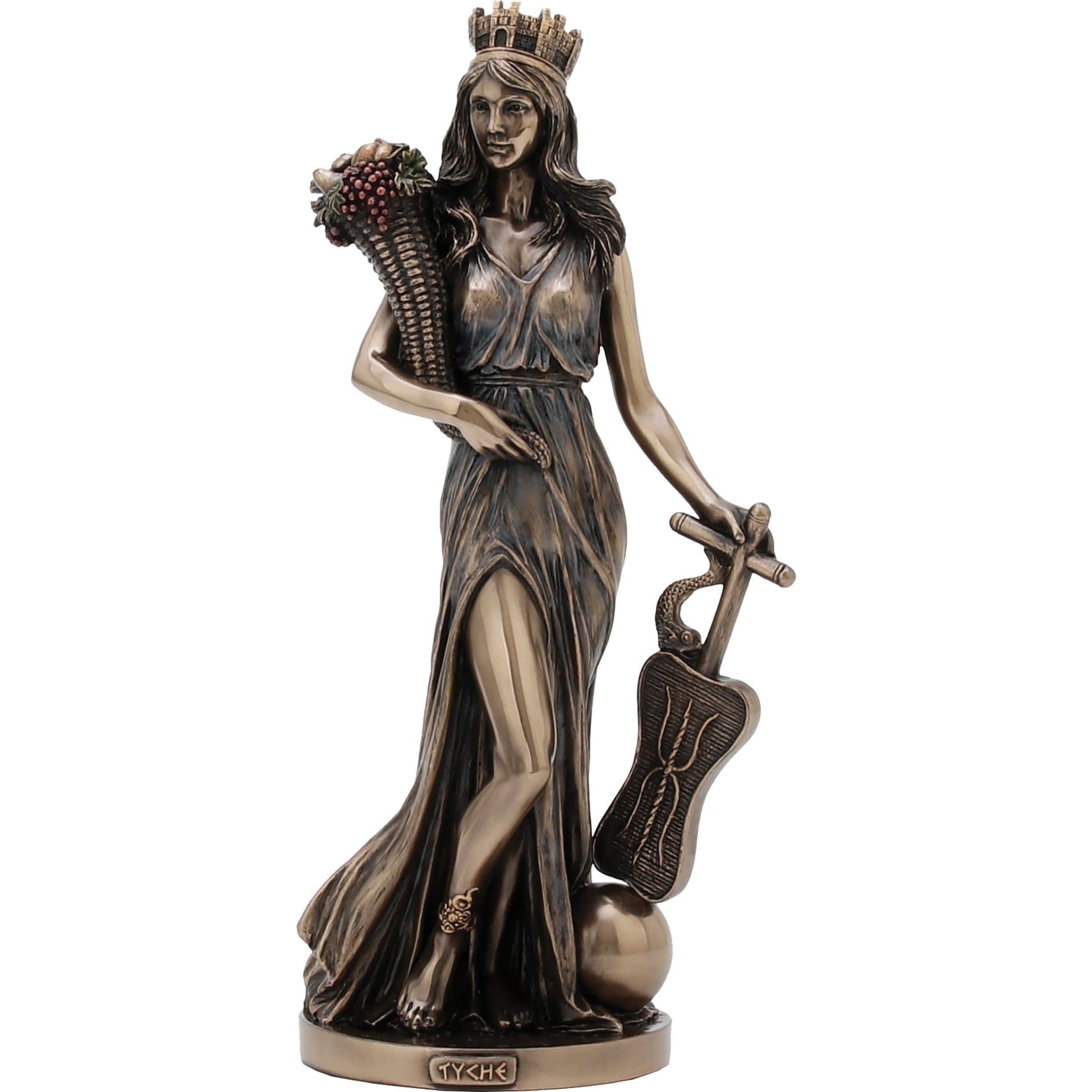 Front view of 28.5cm Fortuna statue goddess of luck in cold-cast bronze by Veronese, Roman mythology figurine.