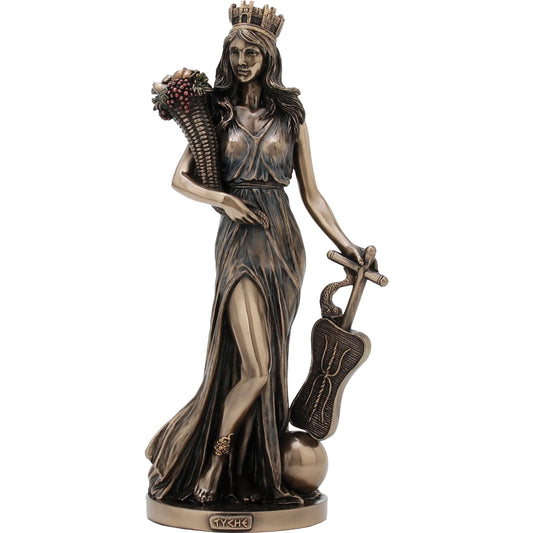 Front view of 28.5cm Fortuna statue goddess of luck in cold-cast bronze by Veronese, Roman mythology figurine.