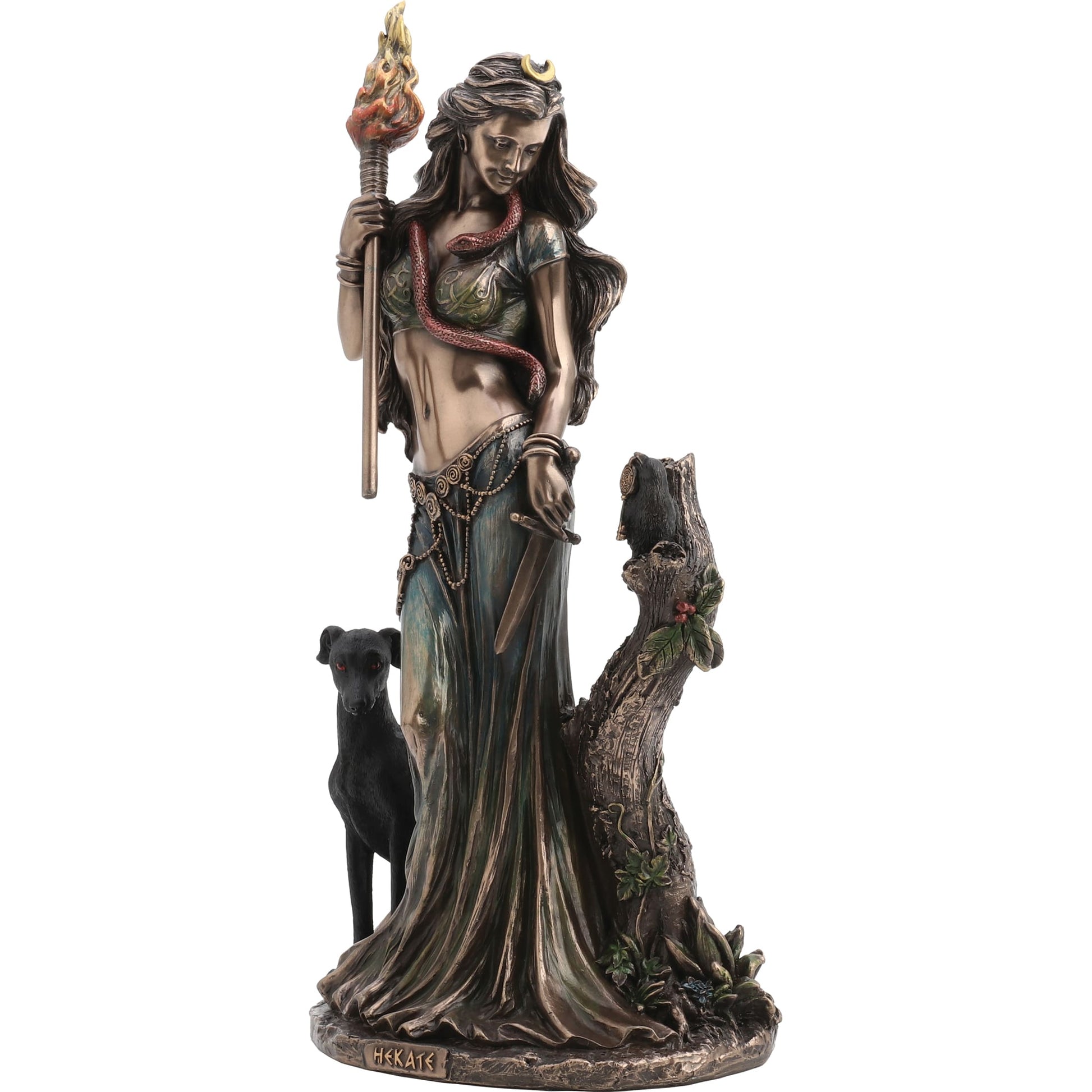 Side view of Veronese 23cm Hecate statue in cold-cast bronze, pagan altar and Wiccan décor figurine.