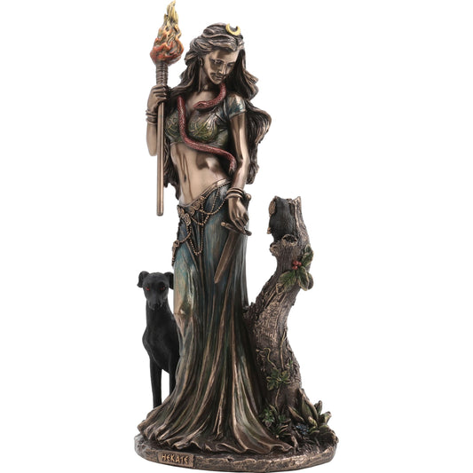 Side view of Veronese 23cm Hecate statue in cold-cast bronze, pagan altar and Wiccan décor figurine.