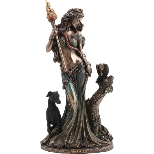 Hecate statue in cold-cast bronze by Veronese, 23cm tall, Greek goddess of witchcraft figurine, front view.