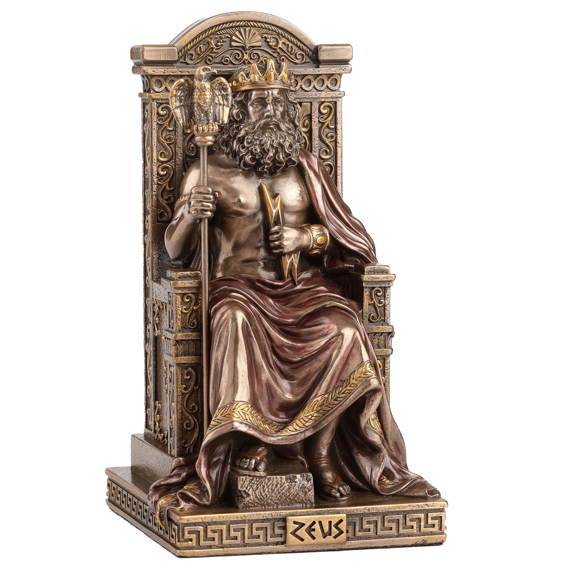 Zeus Greek God of Thunder & Sky Statue – close-up of thunderbolt and robes, 15.5 cm