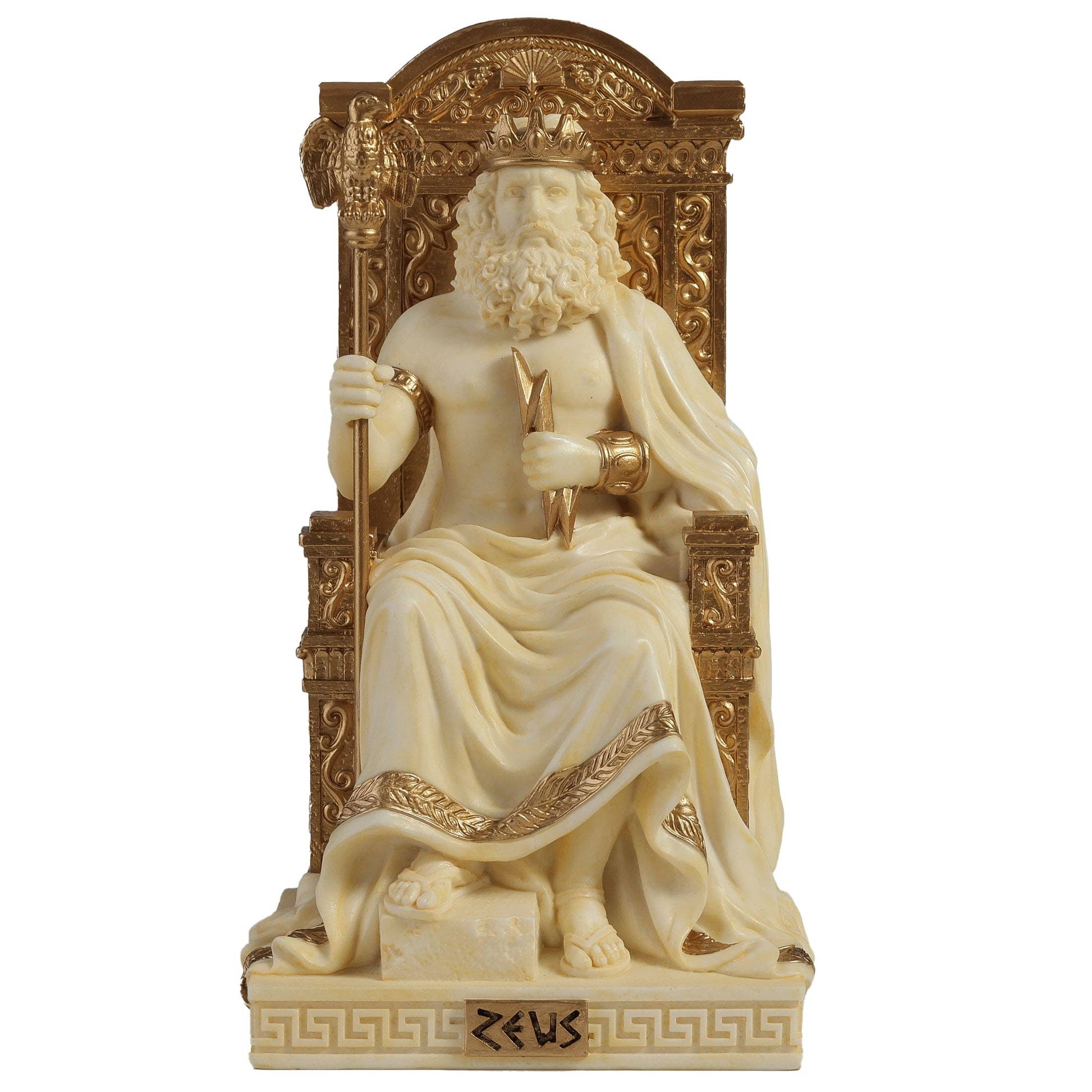 Zeus Greek God of Sky & Thunder Statue – white & gold resin, 15.5 cm – front view