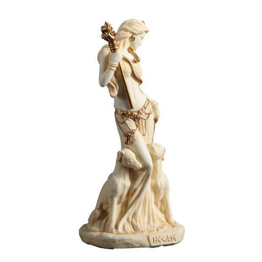 Hecate Goddess Statue – 15.5cm White & Gold Resin Figurine with Dogs and Torch – Veronese Design