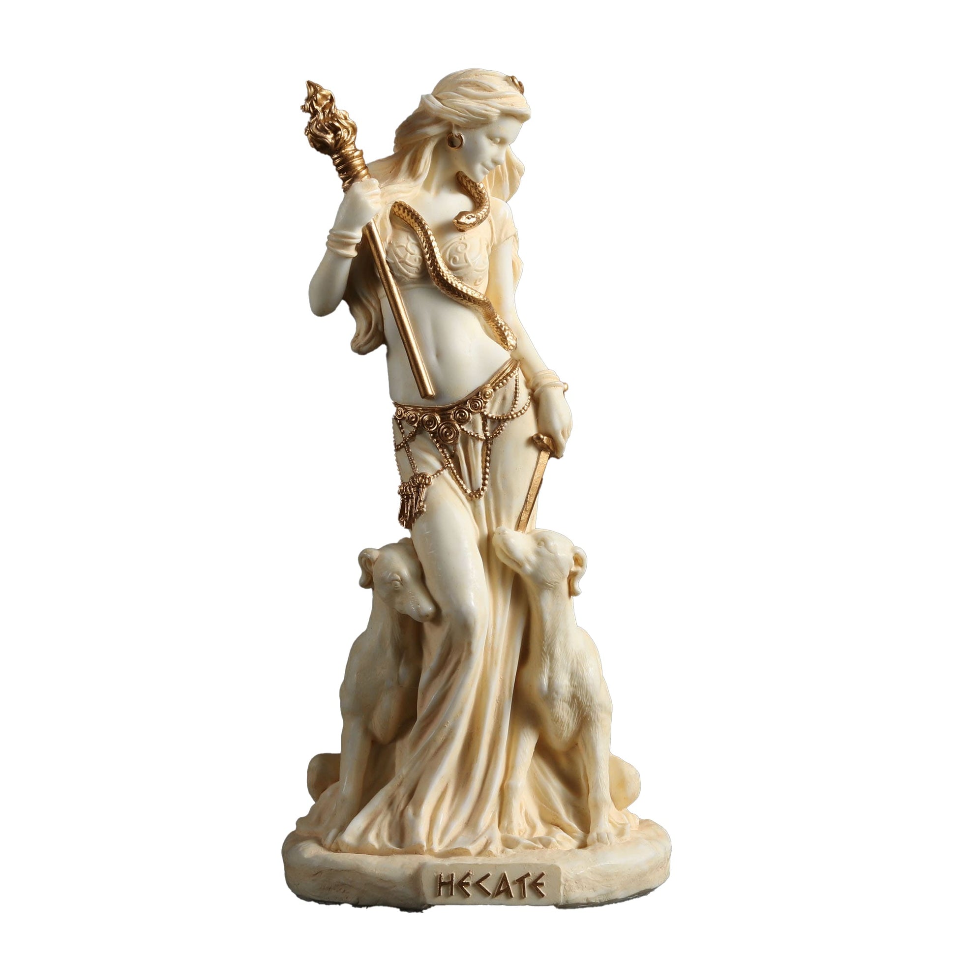 Hecate Goddess Statue – 15.5cm White & Gold Resin Figurine with Dogs and Torch – Veronese Design