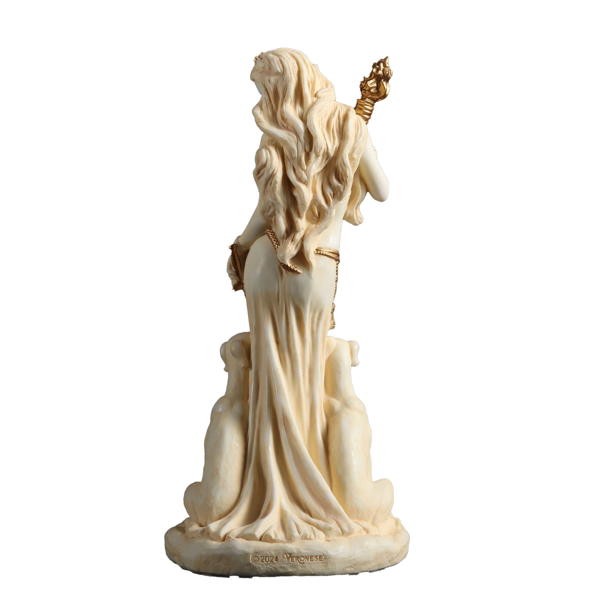 Hecate Goddess Statue – 15.5cm White & Gold Resin Figurine with Dogs and Torch – Veronese Design