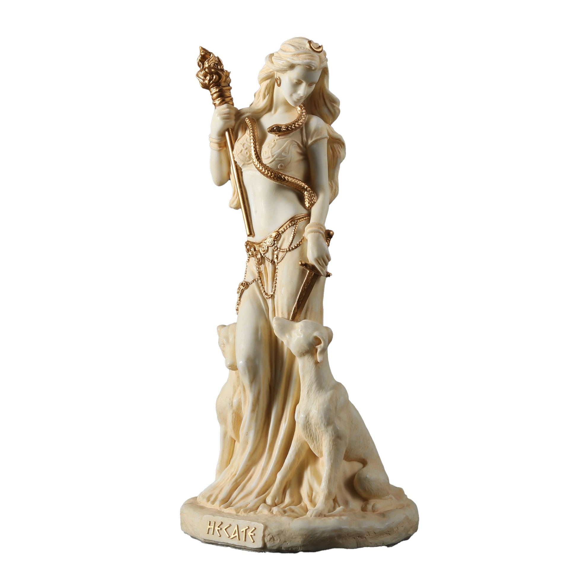 Hecate Goddess Statue – 15.5cm White & Gold Resin Figurine with Dogs and Torch – Veronese Design