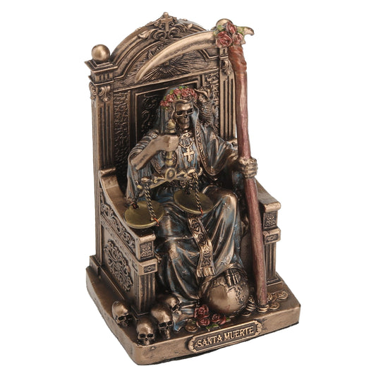 Santa Muerte Throne Statue bronze figure seated on throne - side view
